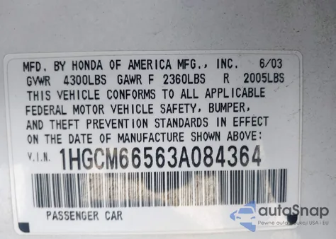 2003 Honda Accord 3.0 Ex from USA, damaged, VIN 1HGCM66563A084364